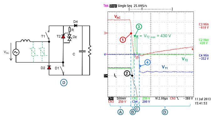 基于TN5050H-12WY可控硅整流管的混合式整流橋90°1 kV負浪涌電壓測試