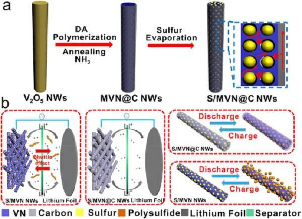 S/MVN@C NWs制備進(jìn)程示意圖以及在蓄電池充電機(jī)充放電進(jìn)程中按捺絡(luò)繹效應(yīng)的示意圖
